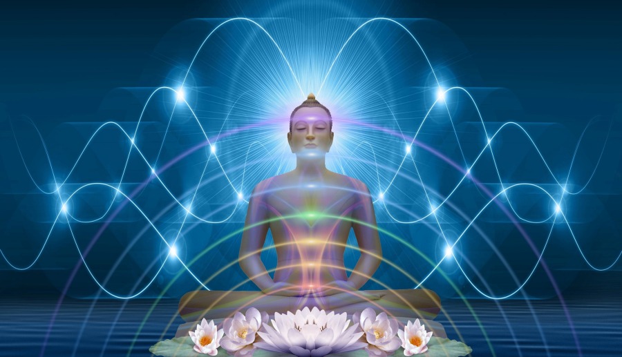 blue background with sitting buddha, chakras and chakra sound waves